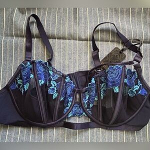 City Chic Serena Demi Underwire Bra Embroidered Blue Flowers Size 44C New
